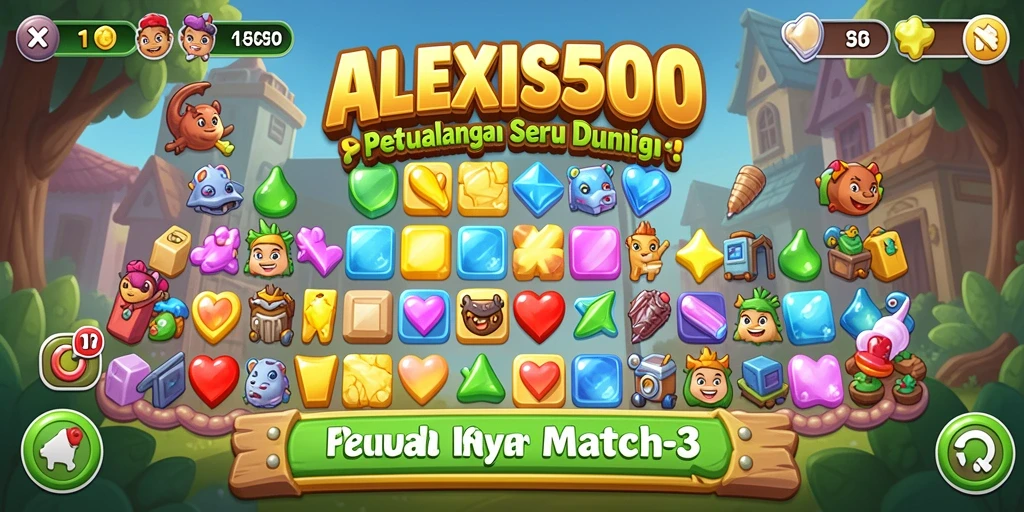 Screenshot gameplay ALEXIS500 yang menunjukkan tantangan match-3 yang seru.