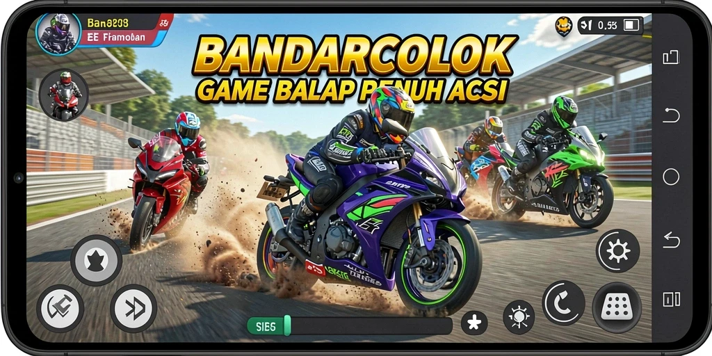 Screenshot utama BANDARCOLOK menampilkan balapan motor yang intens.