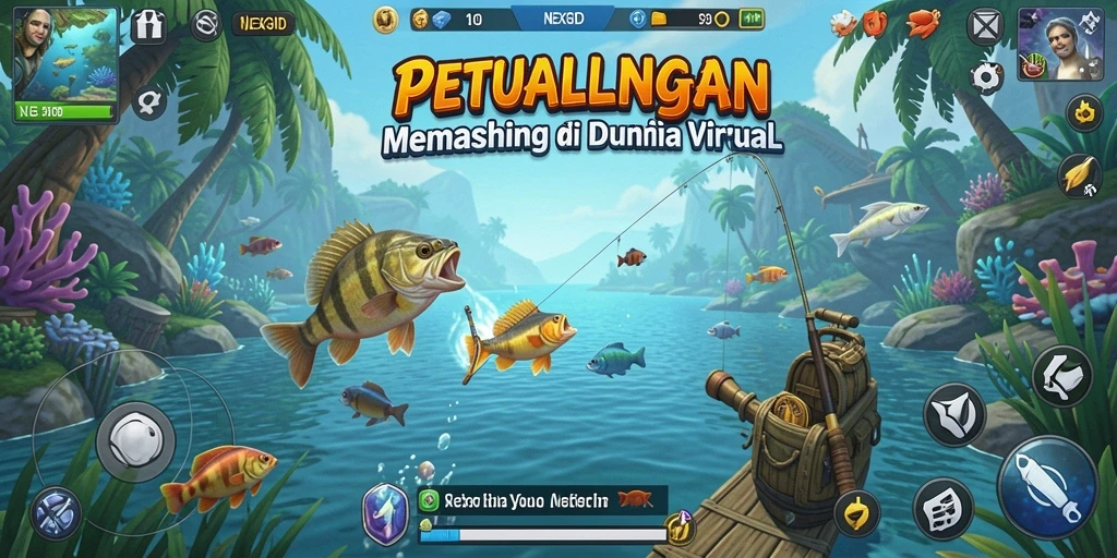 Screenshot menunjukkan pemain asyik memancing di danau yang tenang.