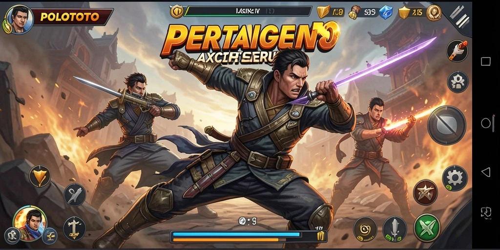 Screenshot utama POLOTOTO menampilkan pertarungan seru dengan grafis yang menarik.