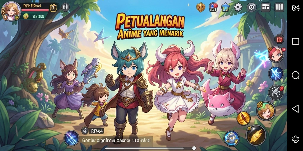 Tangkapan layar utama RR44 menampilkan aksi pertarungan karakter Anime.