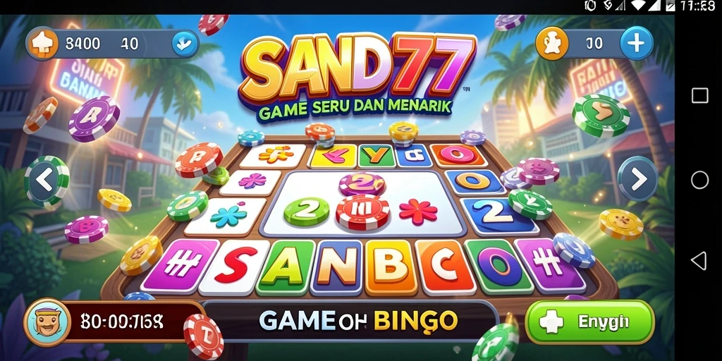 Screenshot SAND77 menampilkan gameplay seru Bingo yang penuh warna.