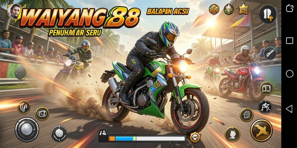 Tampilan gameplay <strong>WAYANG88</strong> saat balapan motor yang mendebarkan.